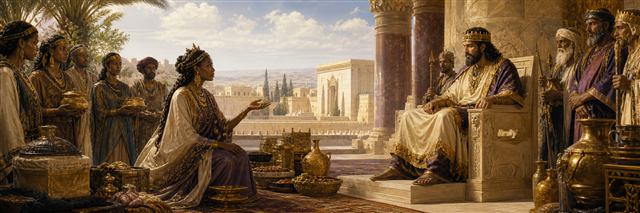 The Queen of Sheba presenting questions and gifts before Solomon’s court